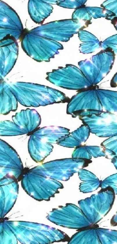 Vibrant blue butterflies with sparkling accents on a wallpaper design.