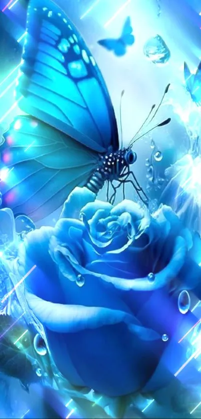 Blue butterfly on a glowing rose with vibrant effects.