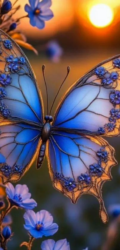 Vibrant blue butterfly with flowers at sunset.