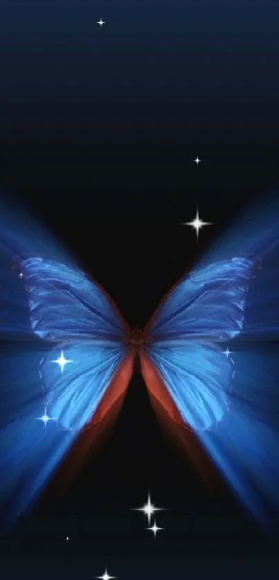 Vibrant blue butterfly with glowing wings on a dark background.