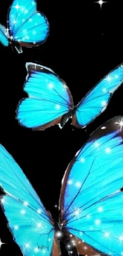 Three vibrant blue butterflies on a dark background, showcasing glowing wings.