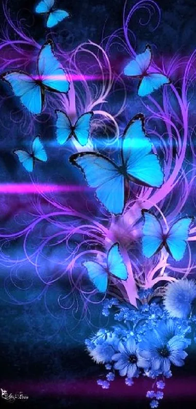 Vibrant blue butterflies with purple floral elements on dark background.