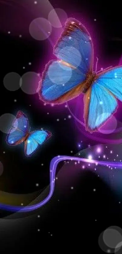 Blue butterflies on a black background with neon accents.