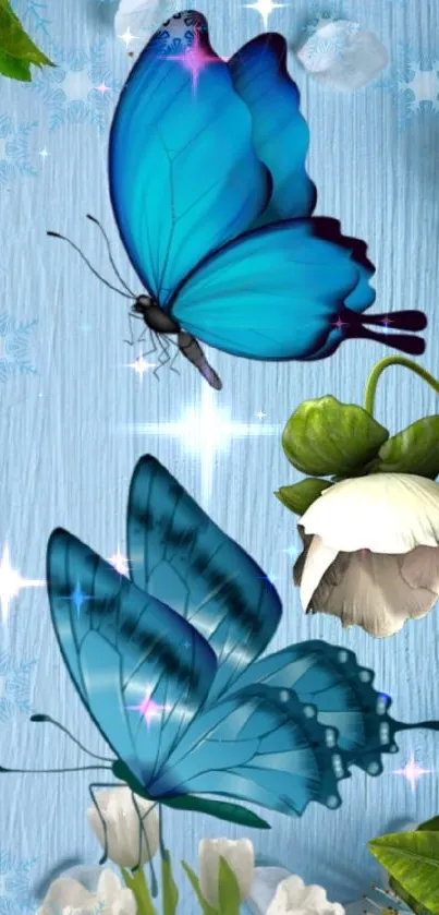 Blue butterflies with floral design on a serene background.