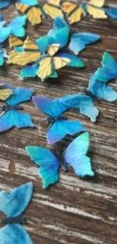 Blue butterflies scattered on a brown wooden surface.