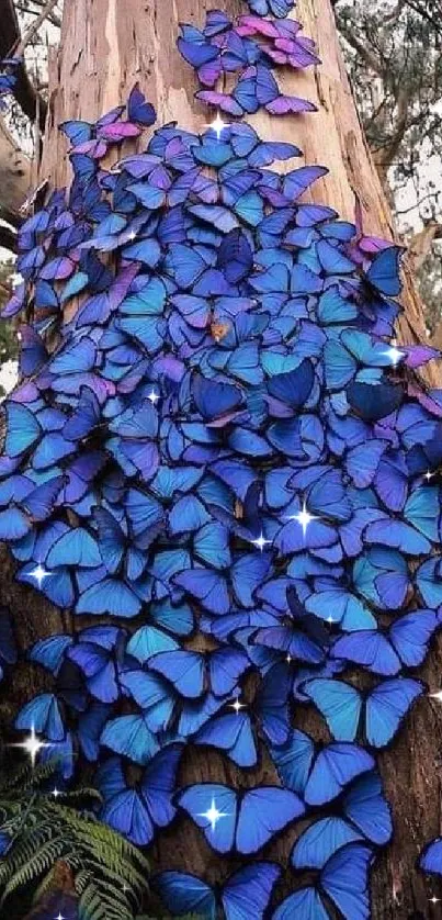 A cascade of blue butterflies on a tree trunk in a lush forest setting.