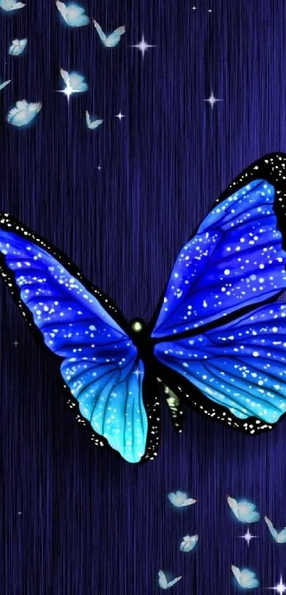 Vibrant blue butterfly with light accents on a dark background.