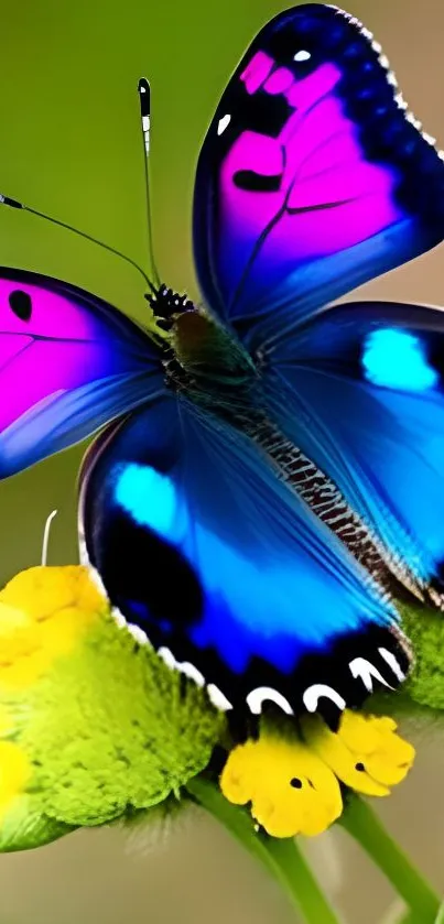 Vibrant blue butterfly on yellow flowers.