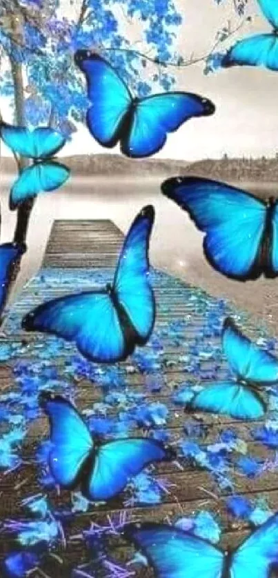 Collection of vibrant blue butterflies near a serene lakeside boardwalk.