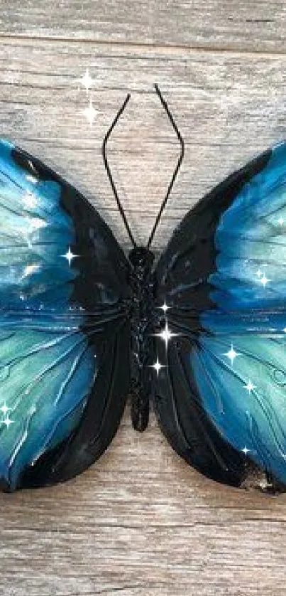 A vibrant blue butterfly with detailed wings on wooden background.