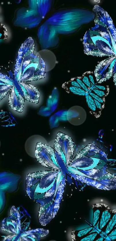 Vibrant blue butterfly pattern wallpaper.