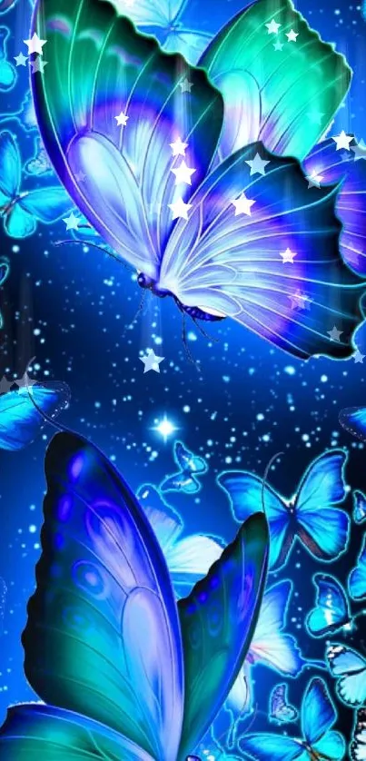 Blue butterflies on a starry backdrop.