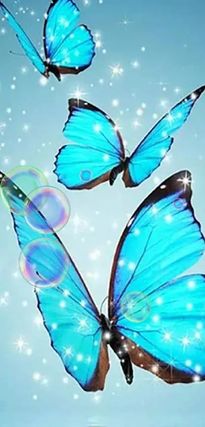 Blue butterflies with sparkling stars on a serene background wallpaper.