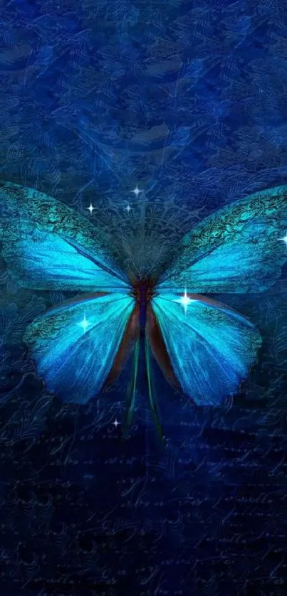 Vibrant blue butterfly on a textured dark blue background.