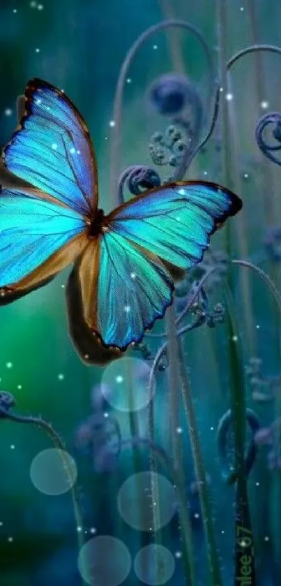 Blue butterfly perched amid nature in vibrant wallpaper.