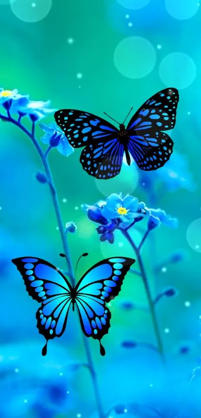 Vibrant blue butterflies on flowers with a serene cyan background.