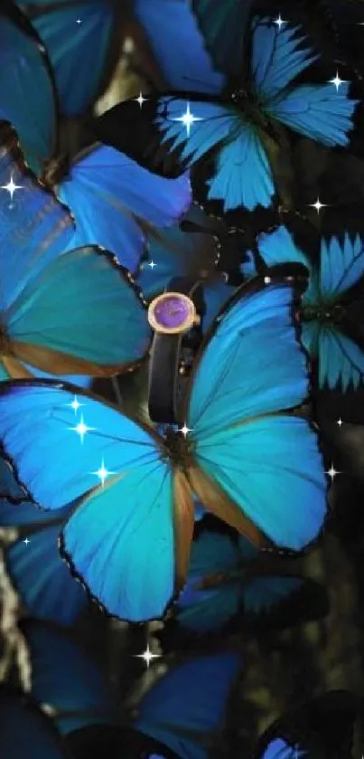 Stunning blue butterflies in forest setting wallpaper.