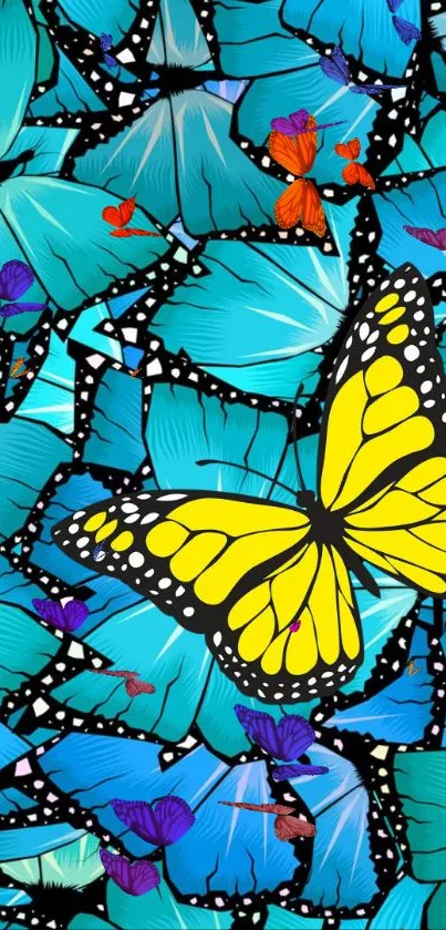 Blue butterflies with a standout yellow accent on a mobile wallpaper.