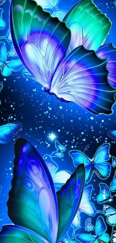 Vibrant blue butterfly art wallpaper with glowing celestial themes.