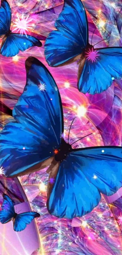 Vibrant blue butterflies on a colorful, abstract background wallpaper.