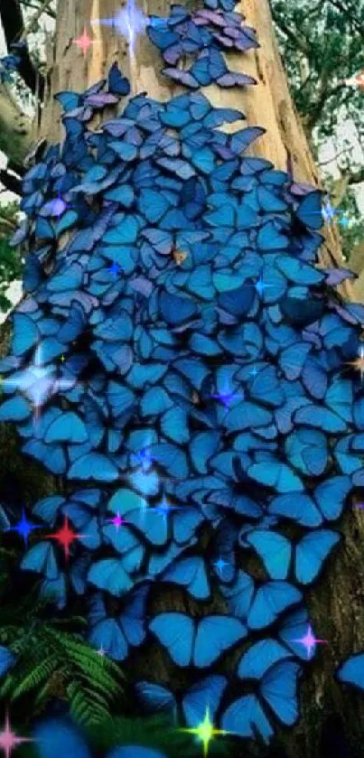 Vibrant cluster of blue butterflies on a tree trunk in a lush forest setting.