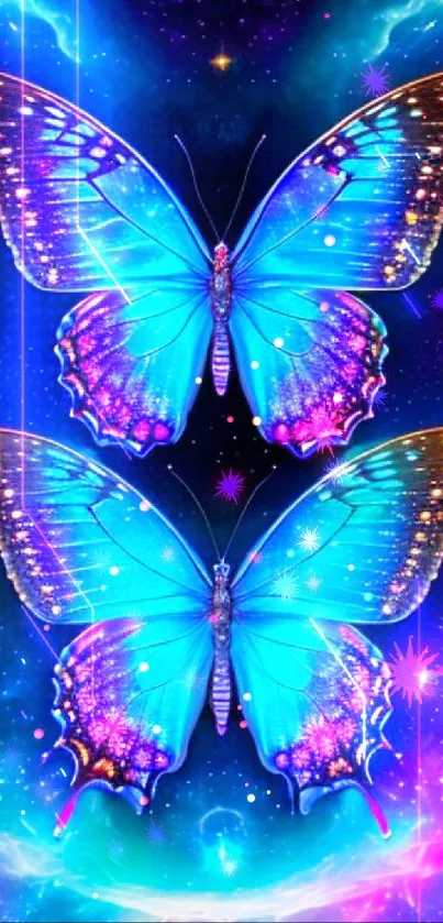 Vibrant blue butterfly on cosmic starry background.
