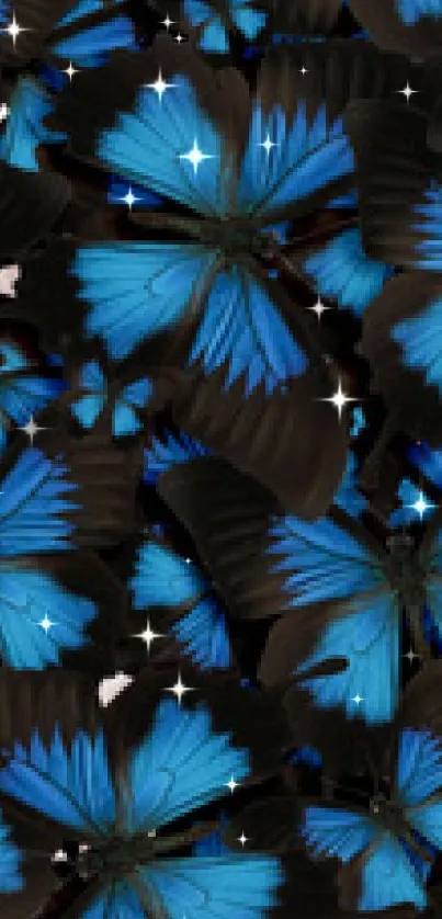 Wallpaper of vibrant blue butterflies on a dark background.