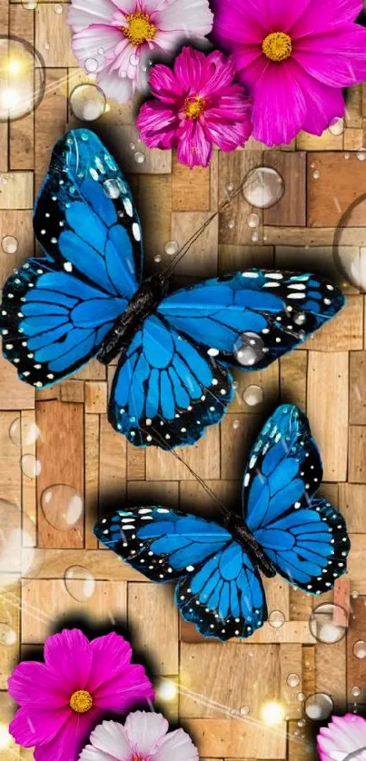 Vibrant blue butterflies with colorful flowers on wood background.