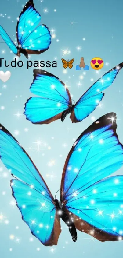 Blue butterflies with sparkling accents on mobile wallpaper.