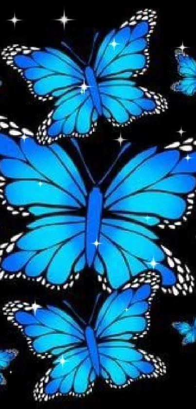 Vibrant blue butterflies on a black background, perfect for mobile wallpaper.