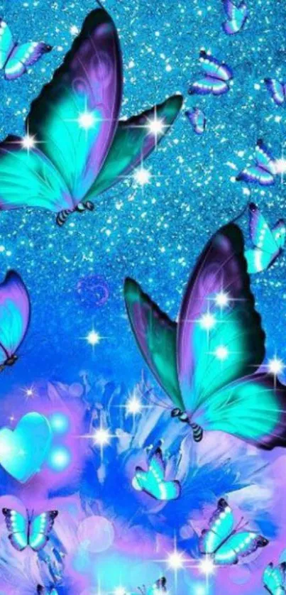 Vibrant blue butterflies with sparkles on a starry background.