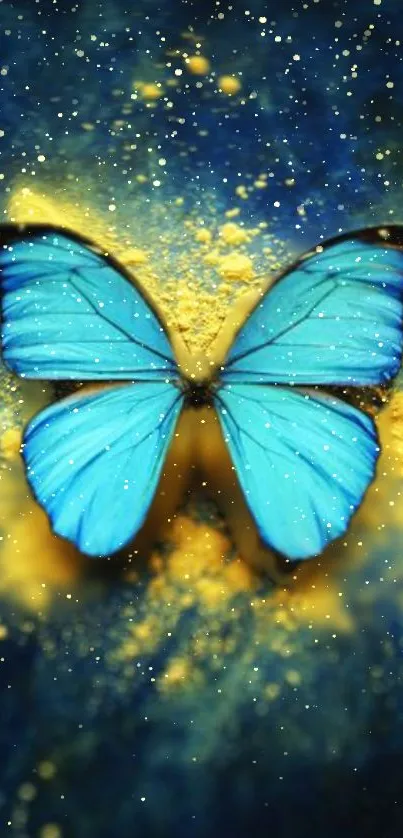 Vibrant blue butterfly with glowing dust on cosmic background.