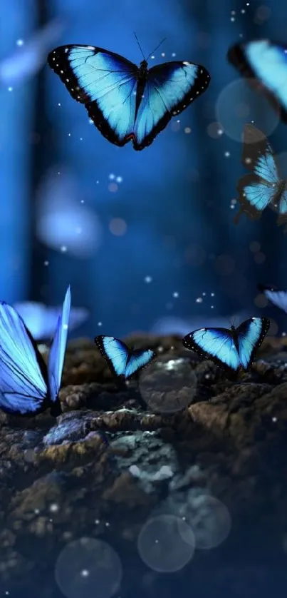 Blue butterflies dancing in a mystical forest setting.