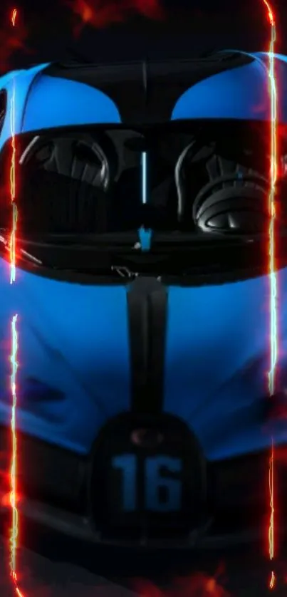 Sleek blue car with flames on a smartphone wallpaper.