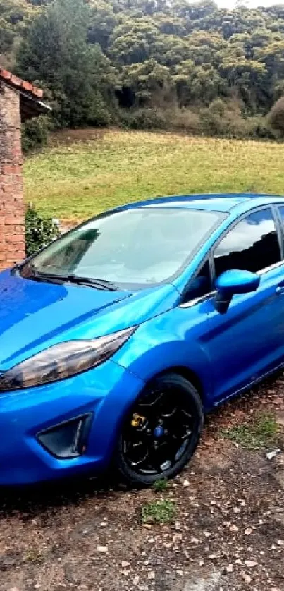 Vibrant blue car in a rural setting.