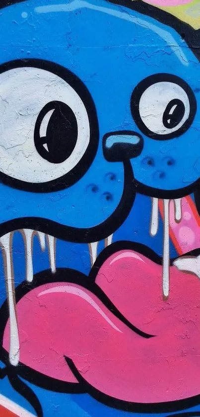 Cartoon graffiti art with blue bear and pink tongue