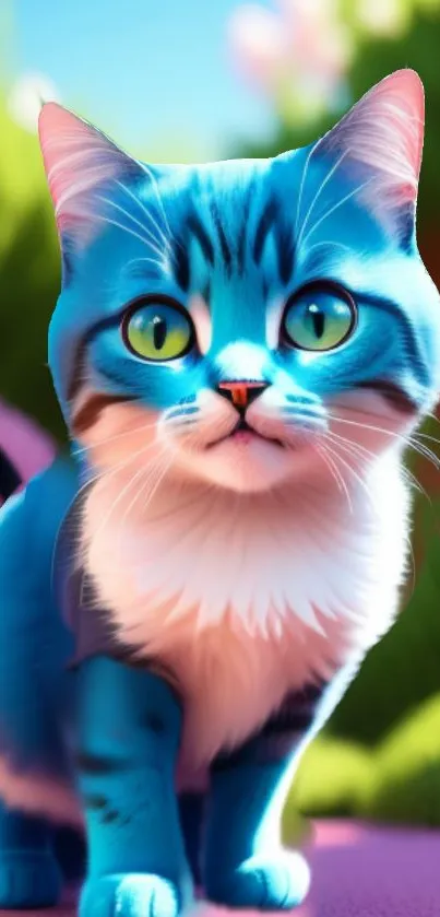 Vibrant blue cat with green eyes against a garden background.