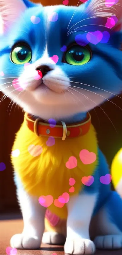 Vivid blue and yellow cat with bright eyes in a playful setting.