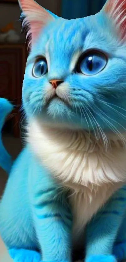 Vibrant blue cat wallpaper with big eyes and fluffy fur.