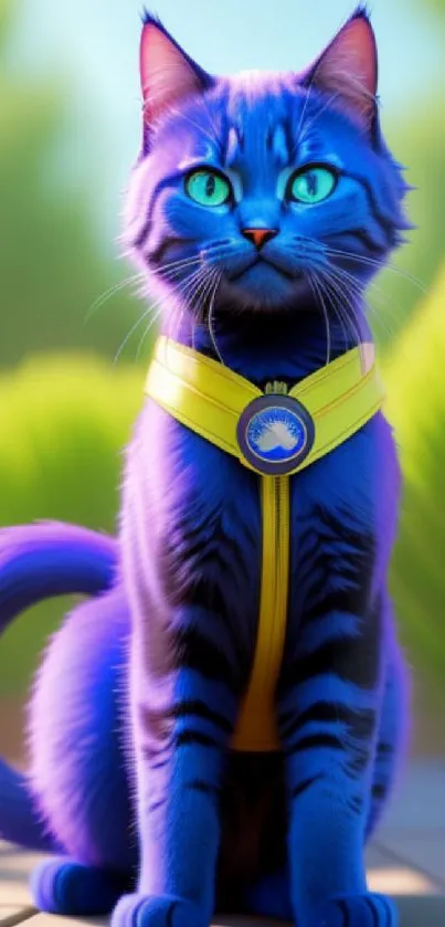 Fantasy blue cat with glowing eyes and vibrant color outdoors.