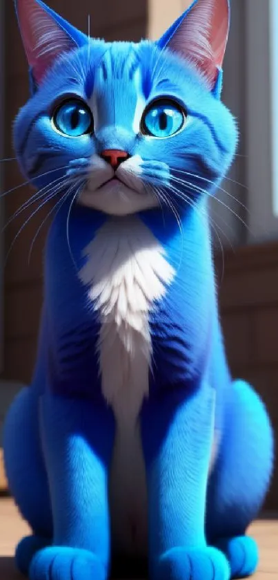 Bright blue cartoon cat sitting outdoors.