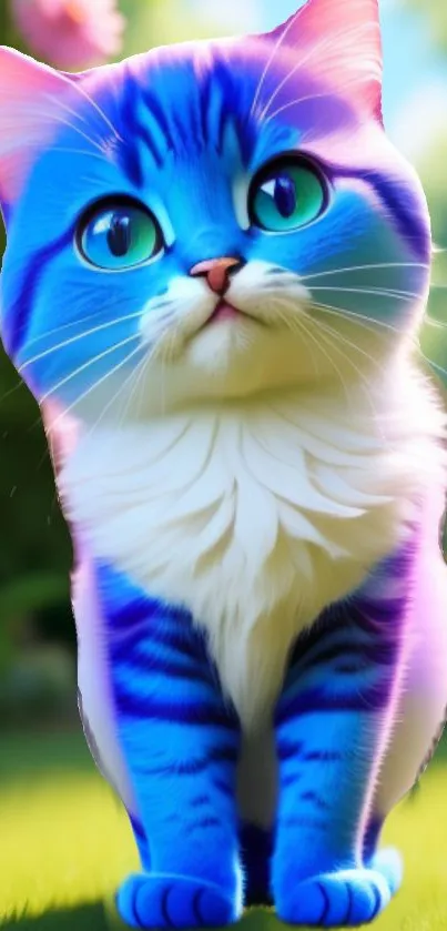 Vibrant blue cartoon cat sitting in a colorful garden.