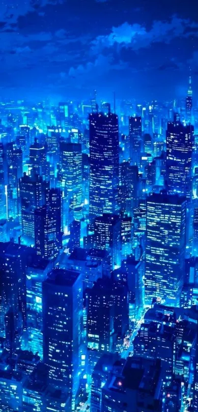 Vibrant blue cityscape at night with skyscrapers and lights.