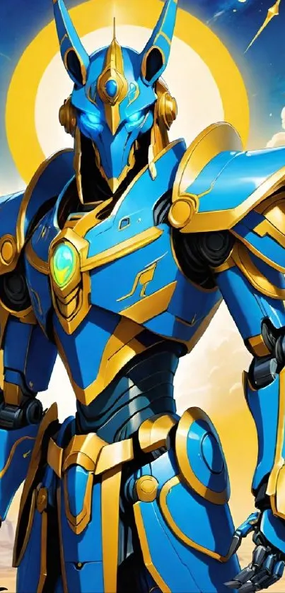 Futuristic blue cyber warrior with metallic armor and vibrant colors.