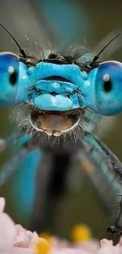 Close-up of a vibrant blue damselfly on a flower.