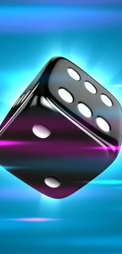 Vibrant blue dice with neon glow on a dynamic background.