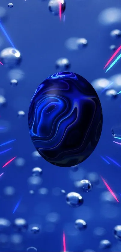 Vibrant blue digital sphere with colorful light streaks and bubbles.