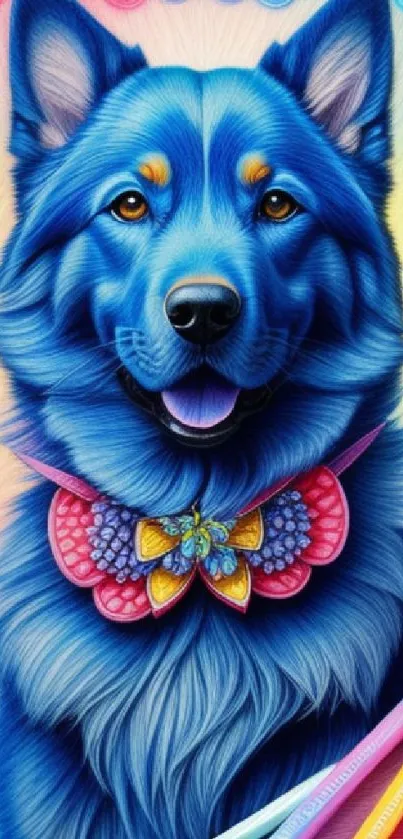 Colorful blue dog illustration wallpaper with pencils.