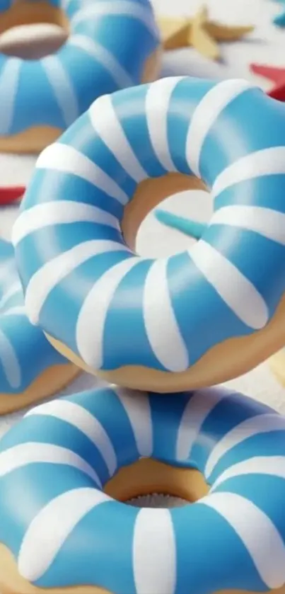 Blue striped donuts on a beach-themed background.