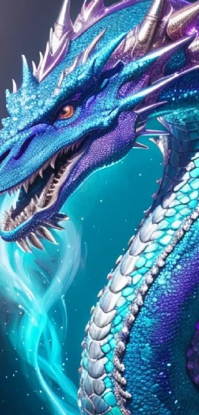 Intricate and vibrant blue dragon design on mobile wallpaper.